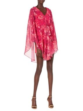 Halston Heritage Red Print Chiffon Cape Overlay Mini Dress (M)